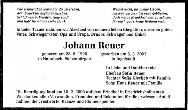 Reuer Johann 1920-2003 Todesanzeige